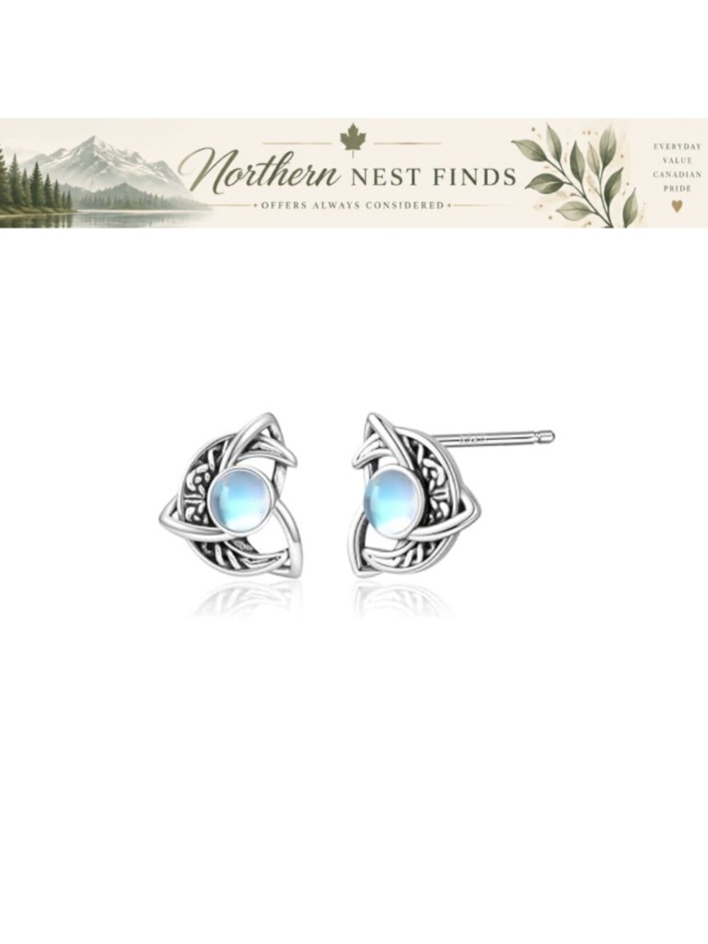 Celtic Knot Moonstone Stud Earrings Silver Plated Hypoallergenic